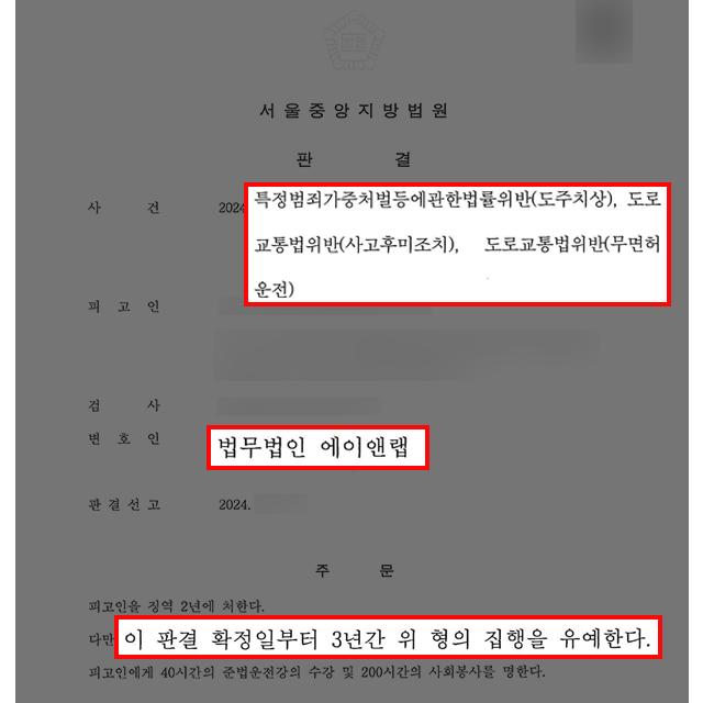 무면허운전+도주치상+사고후미조치 혐의 의뢰인 변호하여 집행유예 선처 판결
